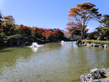 右（西）側に御荷鉾の山々を背景にした日本庭園