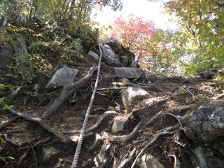 ロープの下がる岩径